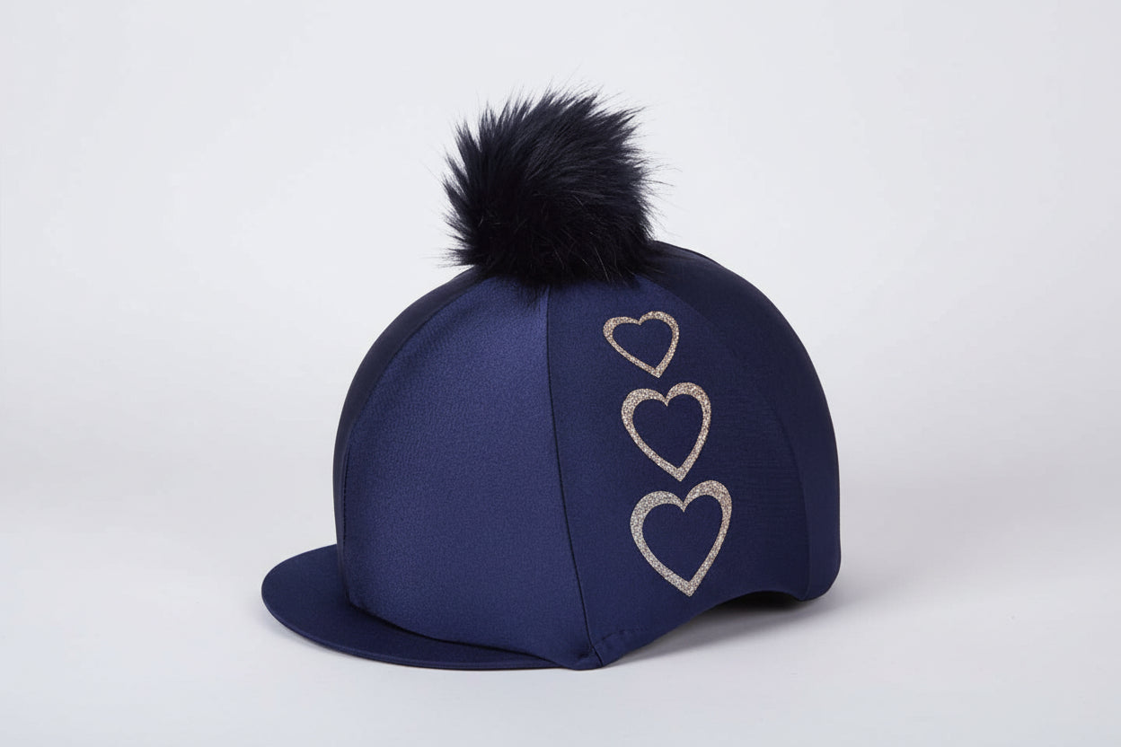 CAPZ Lycra Riding Hat Skull Cap Cover - Navy with Three Glitter Hearts
