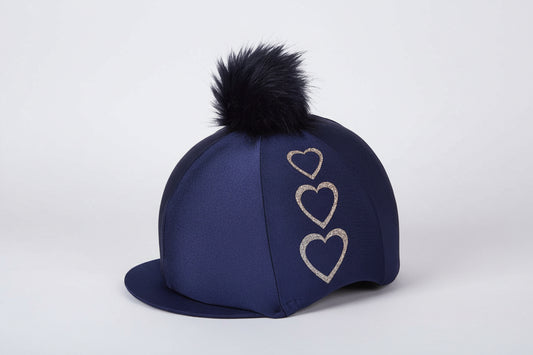 CAPZ Lycra Riding Hat Skull Cap Cover - Navy with Three Glitter Hearts